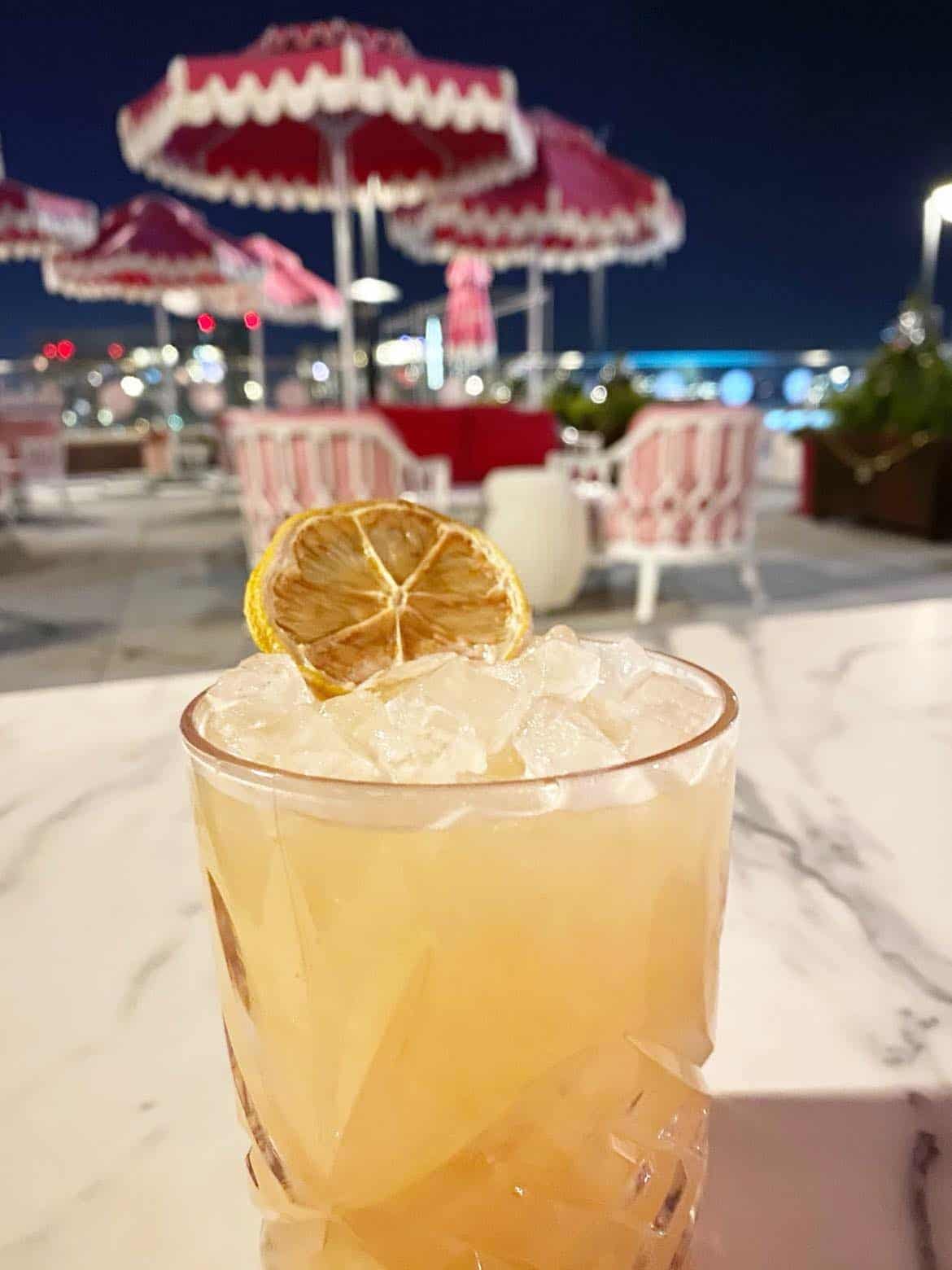 Ginger non-alcoholic mocktail on a pretty rooftop.