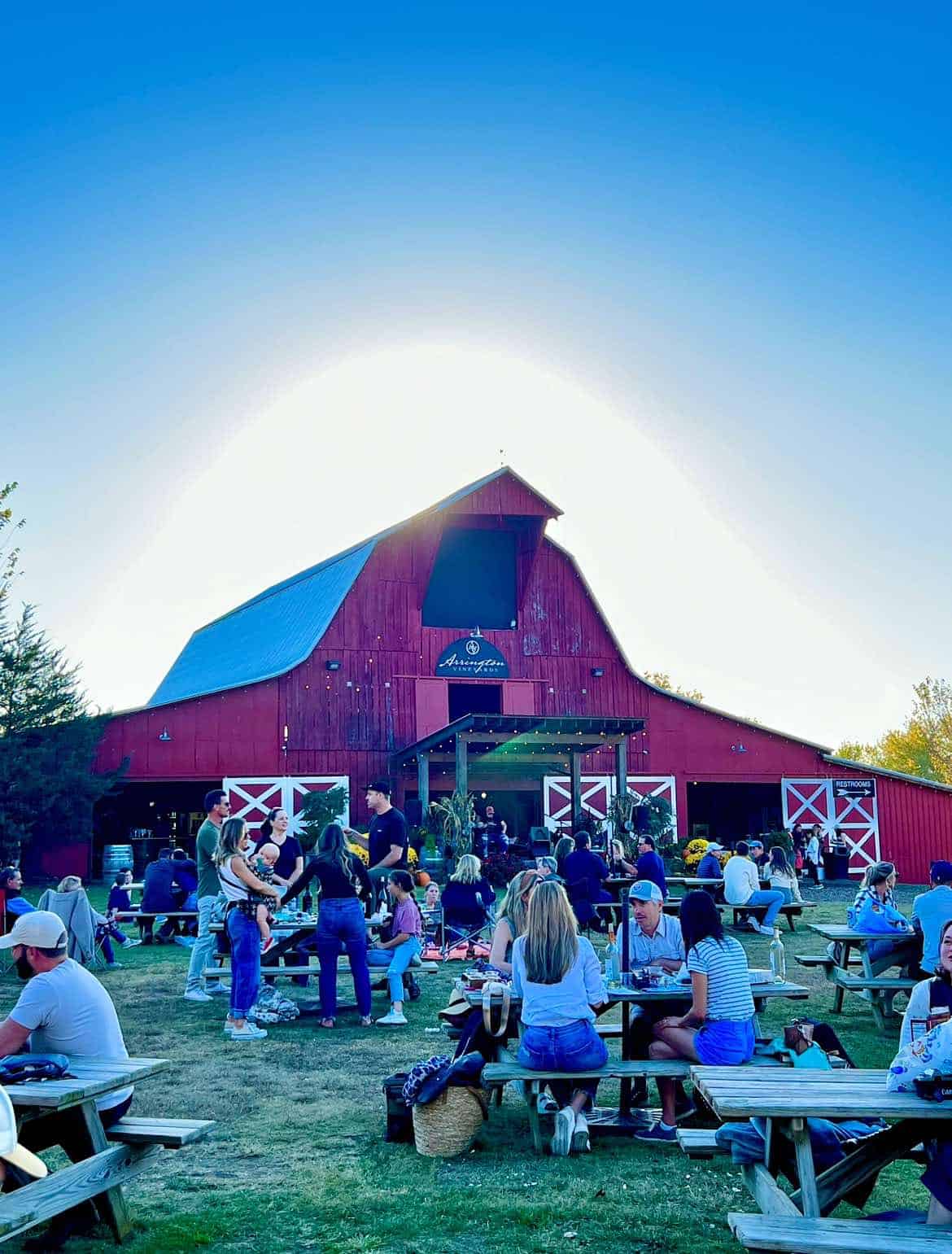 Red barn with the sun setting behind it at Arrington Vineyards.