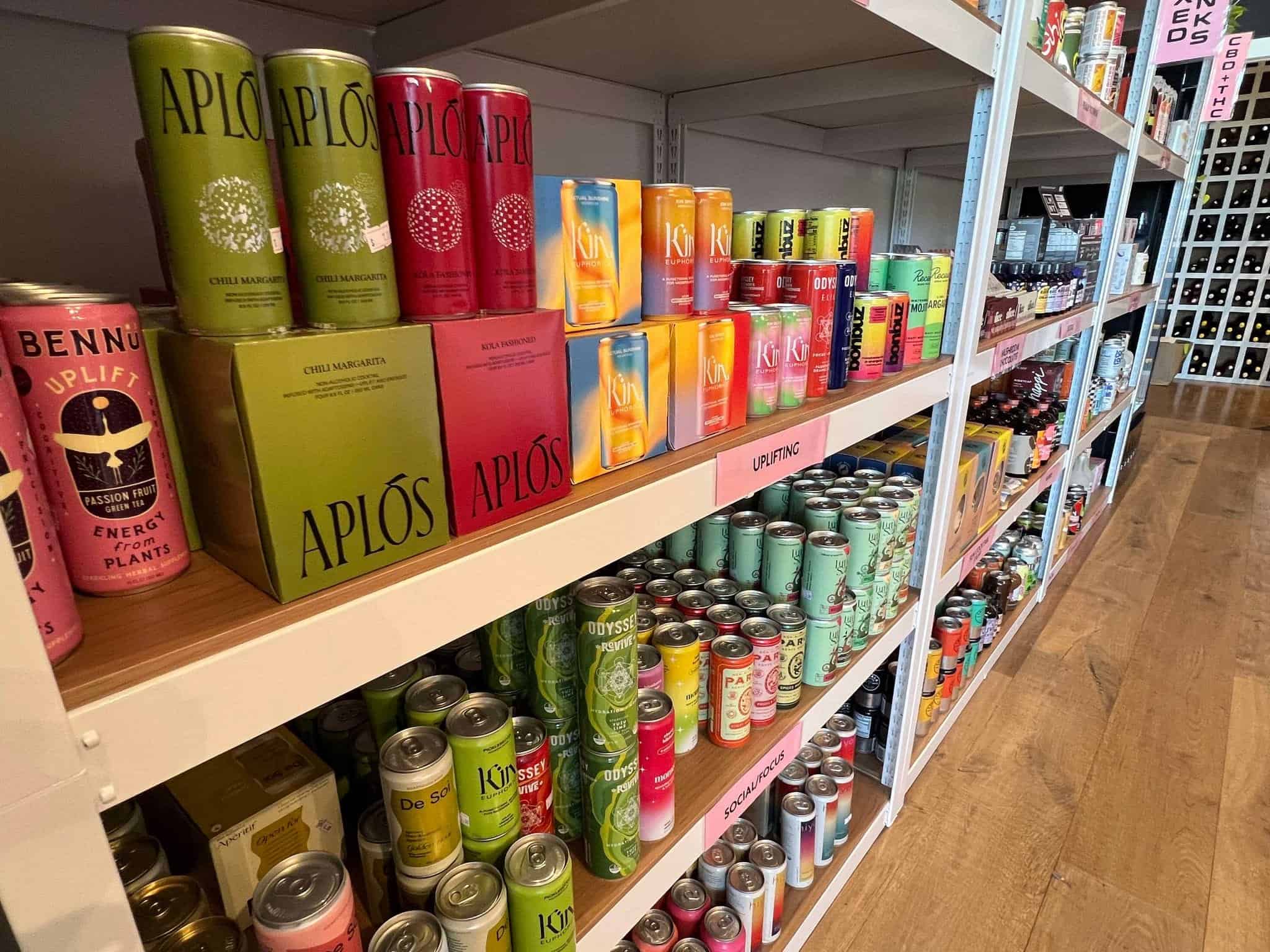 Rows of non-alcoholic drinks at Nashville's non-alcoholic drink store, Killjoy.