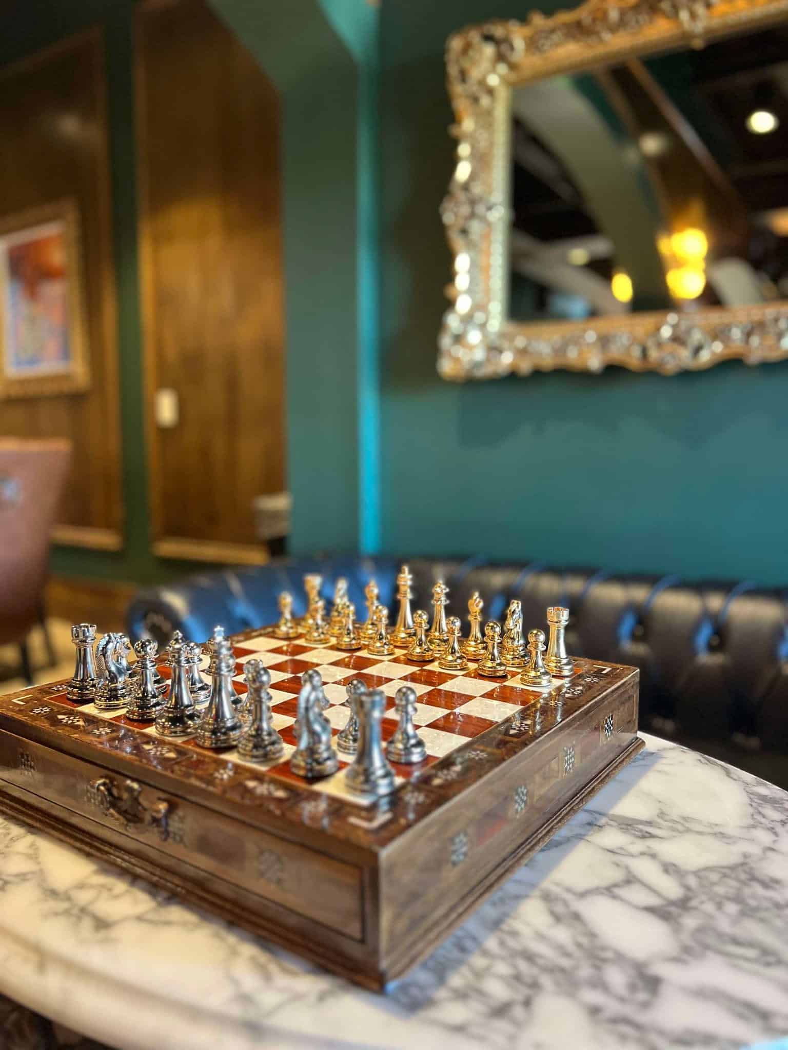 A chess set and pretty decorations in the non-alcoholic 21 and older lounge in Nashville.