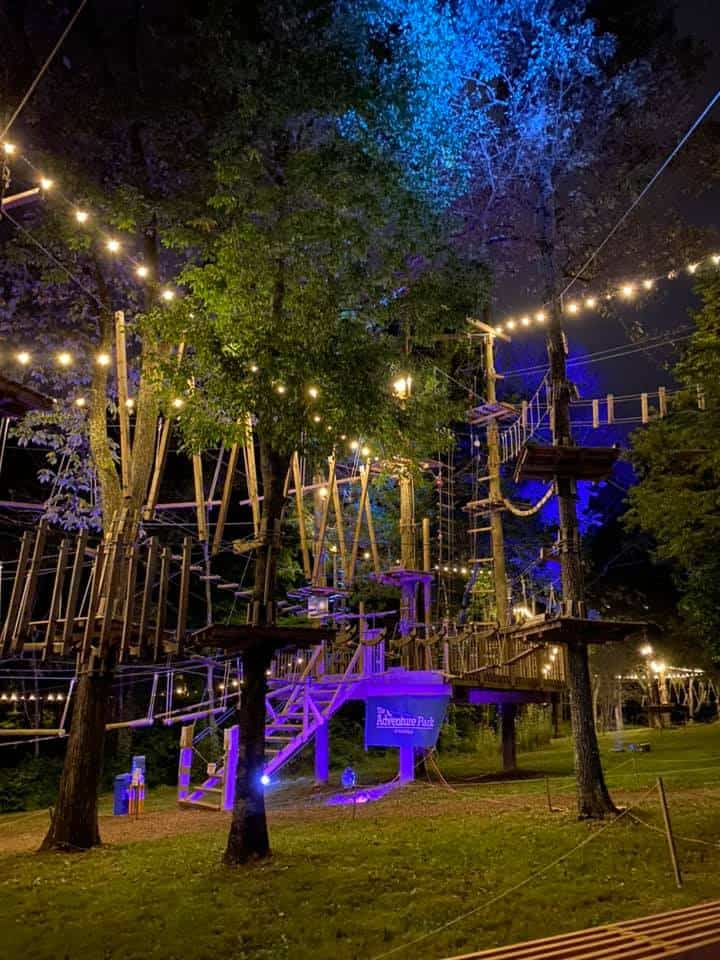 Ropes course all lit up at night.