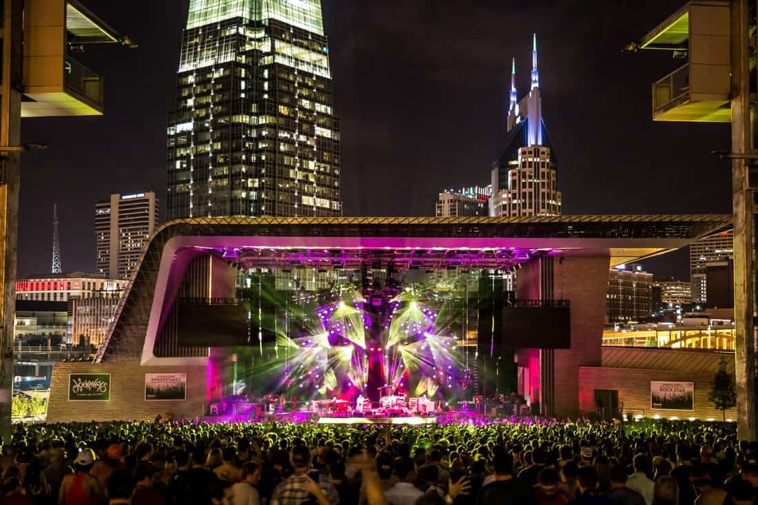 Ascend Amphitheater all lit up in neon colors.