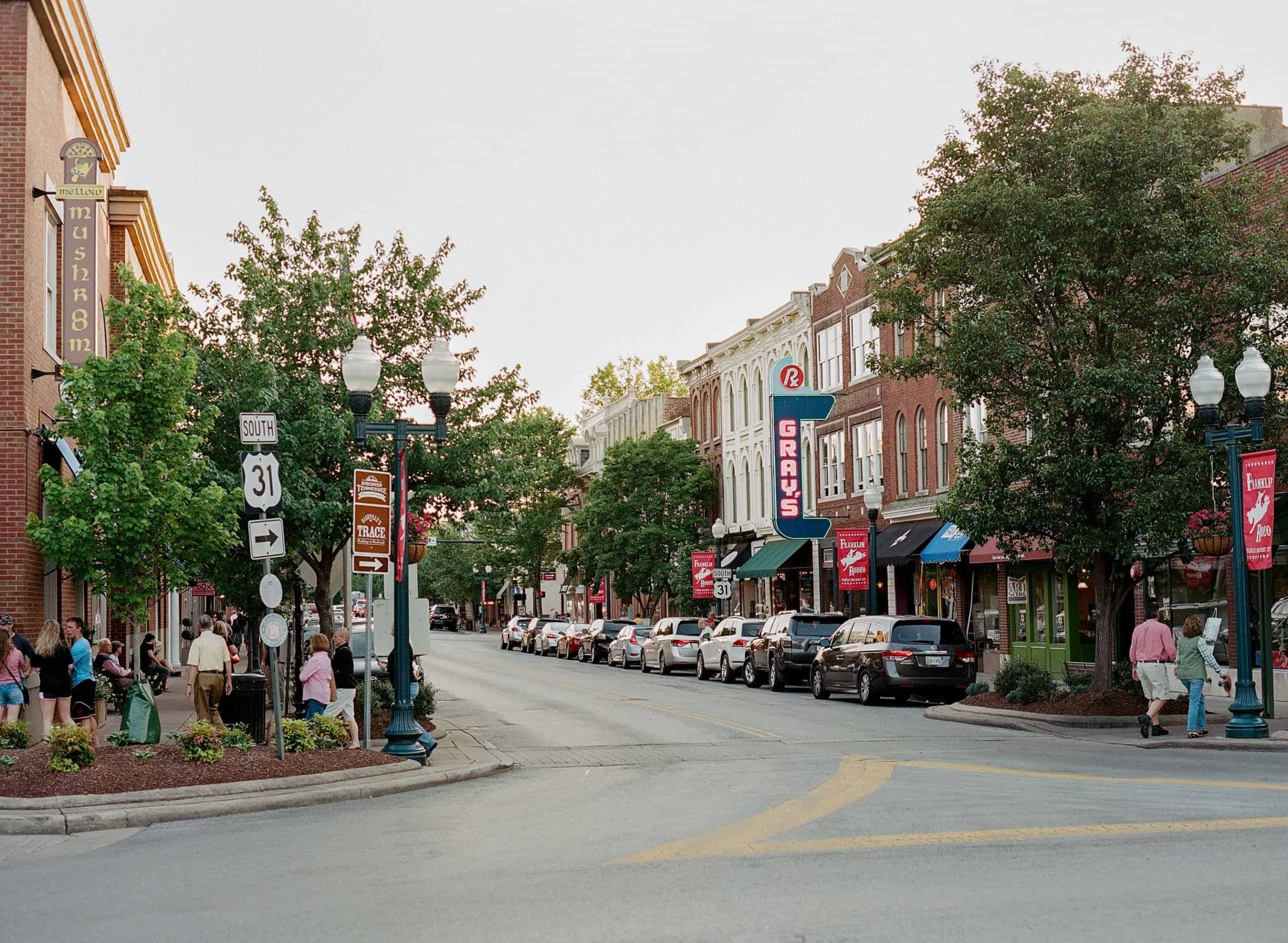 View of downtown Franklin with shops and restaurants.
