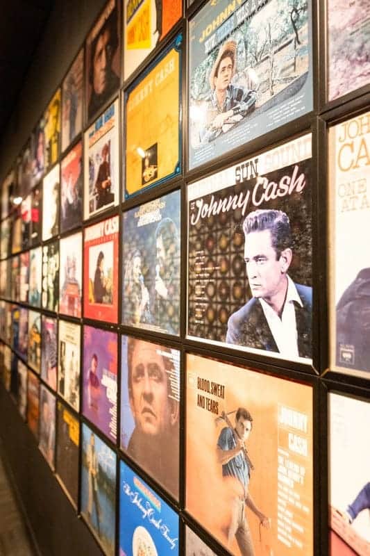 Wall of Johnny Cash record labels.