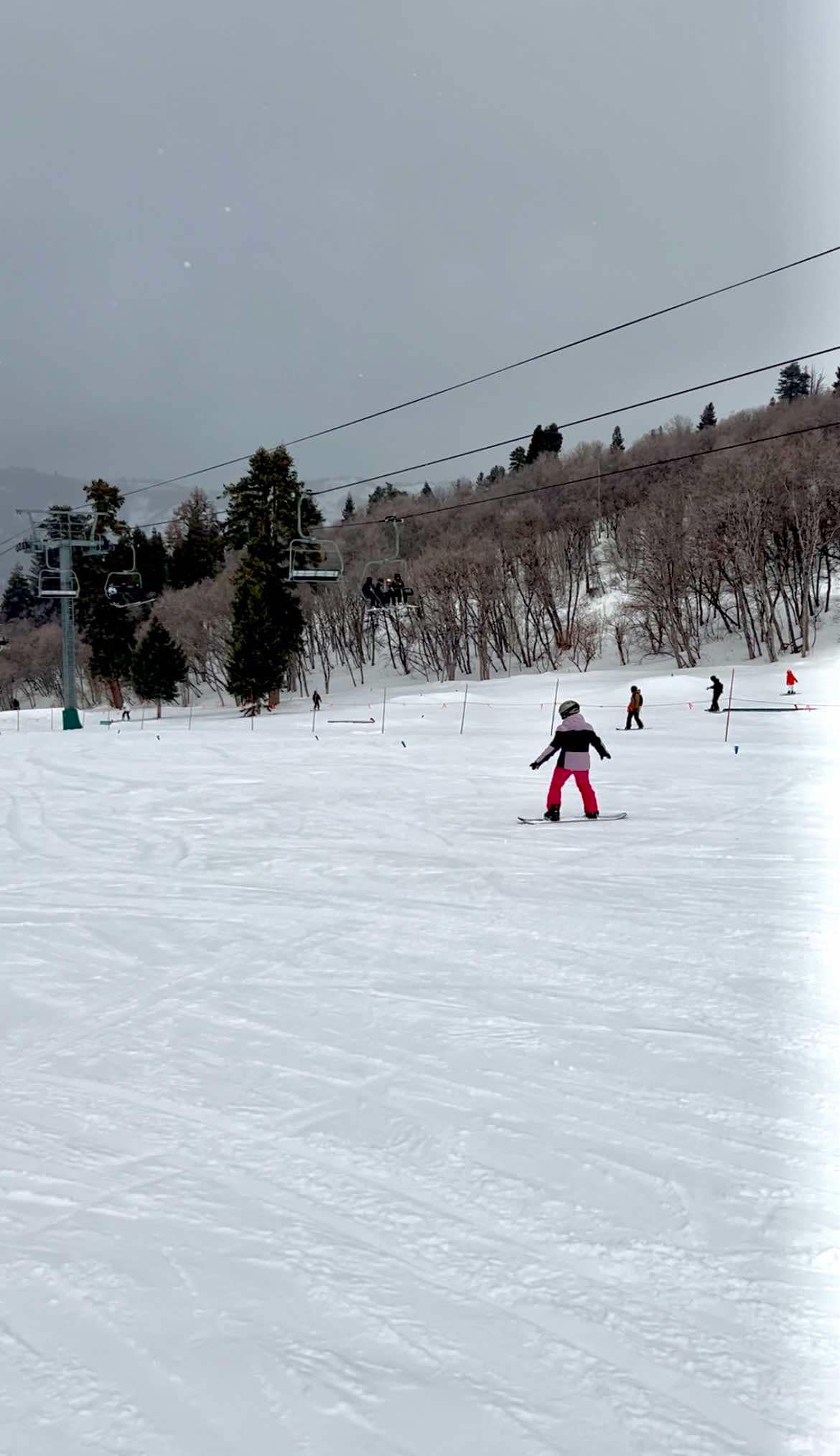 A girl in a purple coat snowboarding down the Little Cat run while on a family Snowboarding trip to Snowbasin.
