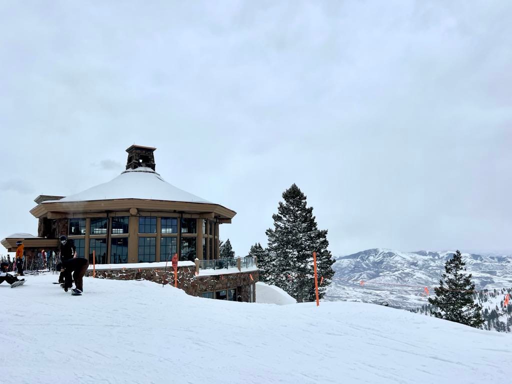 John Paul Lodge at Snowbasin with snow covering the roof.