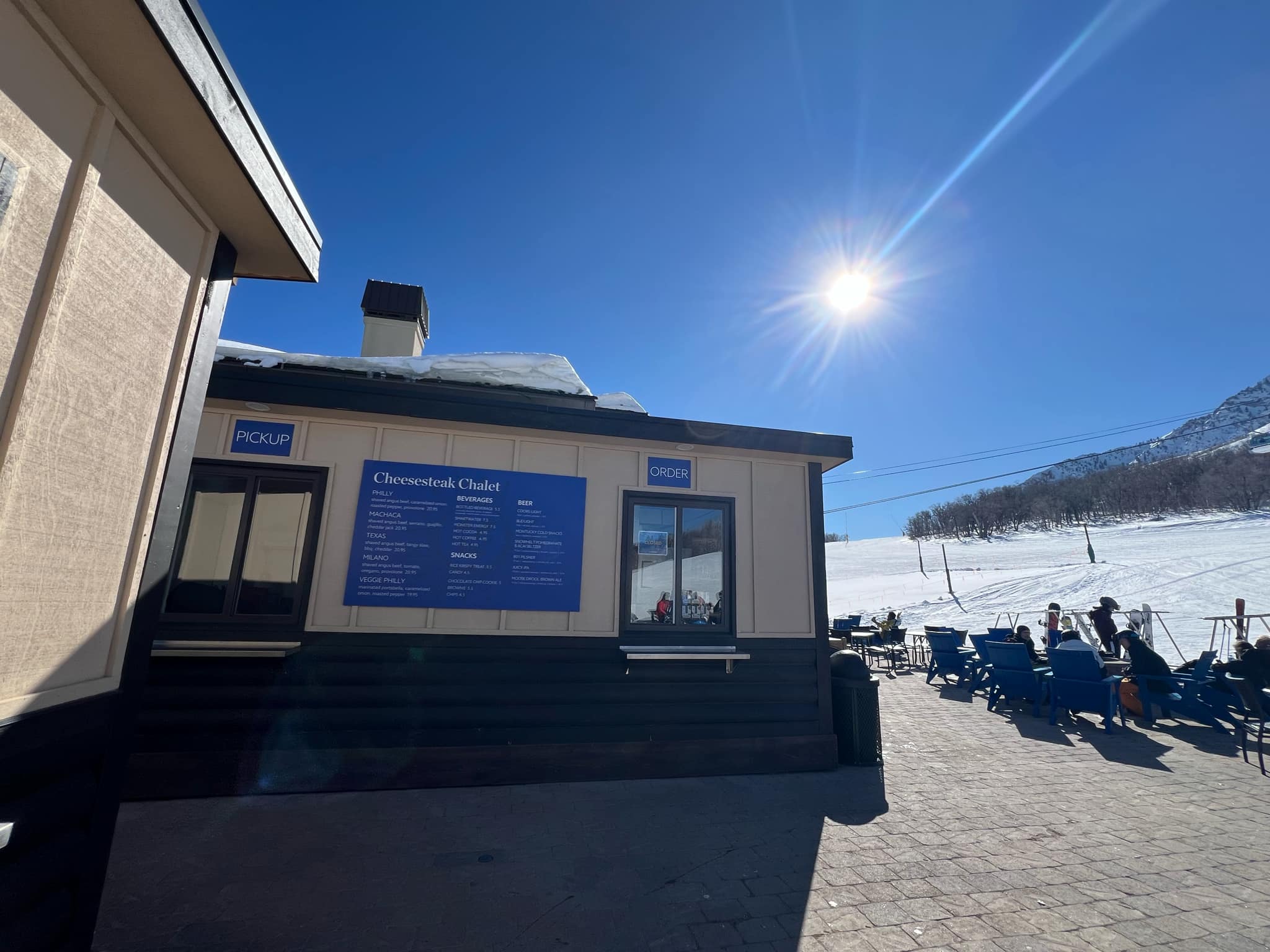 A view of the Strawberry Lodge / patio and the food counters that were not open for business.