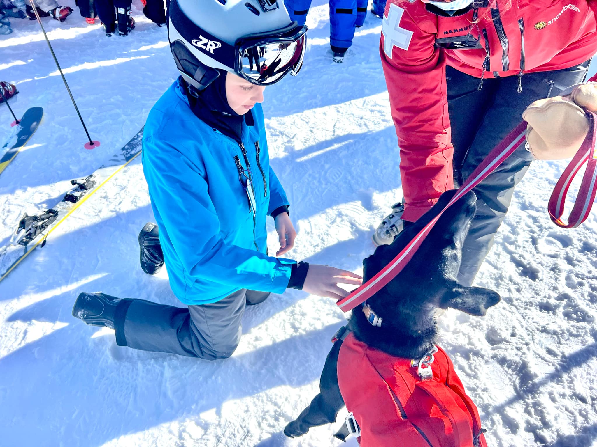 Boy playing with a rescue dog at Snowbasin.