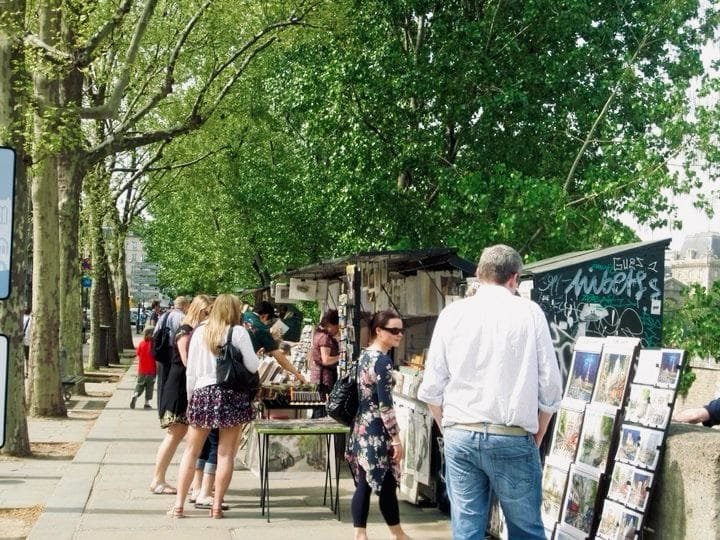 More Bounquinistes and people shopping the book stalls along the Seine River in this free things to do in Paris picture.