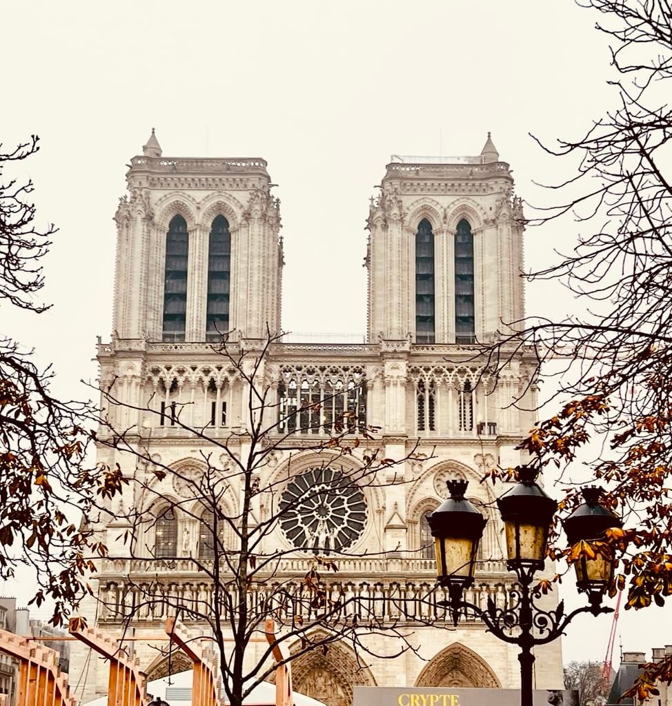This free things to do in Paris photo is of Notre Dame with trees on either side of the photo framing it and a lamp post in front.