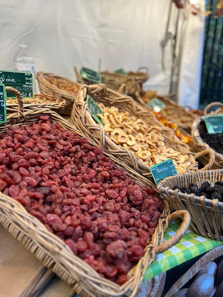 Dried strawberries and pineapple at one of the local free markets in Paris.