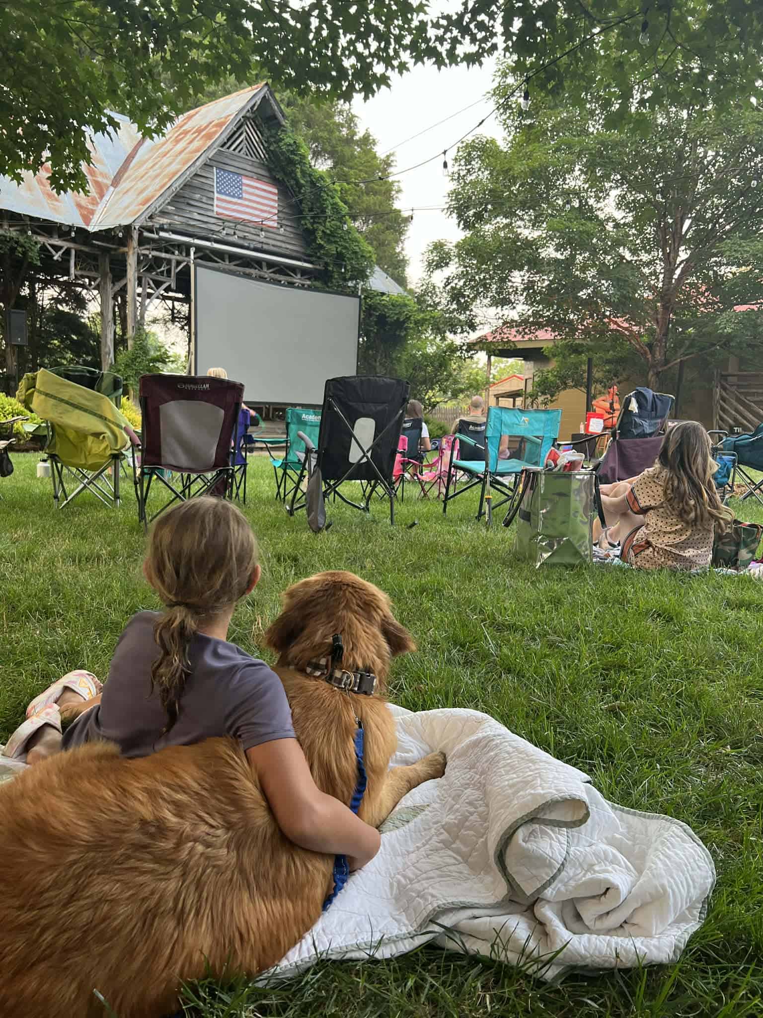 A little girl with her dog lying on a blanket on the grass watching an outdoor movie.