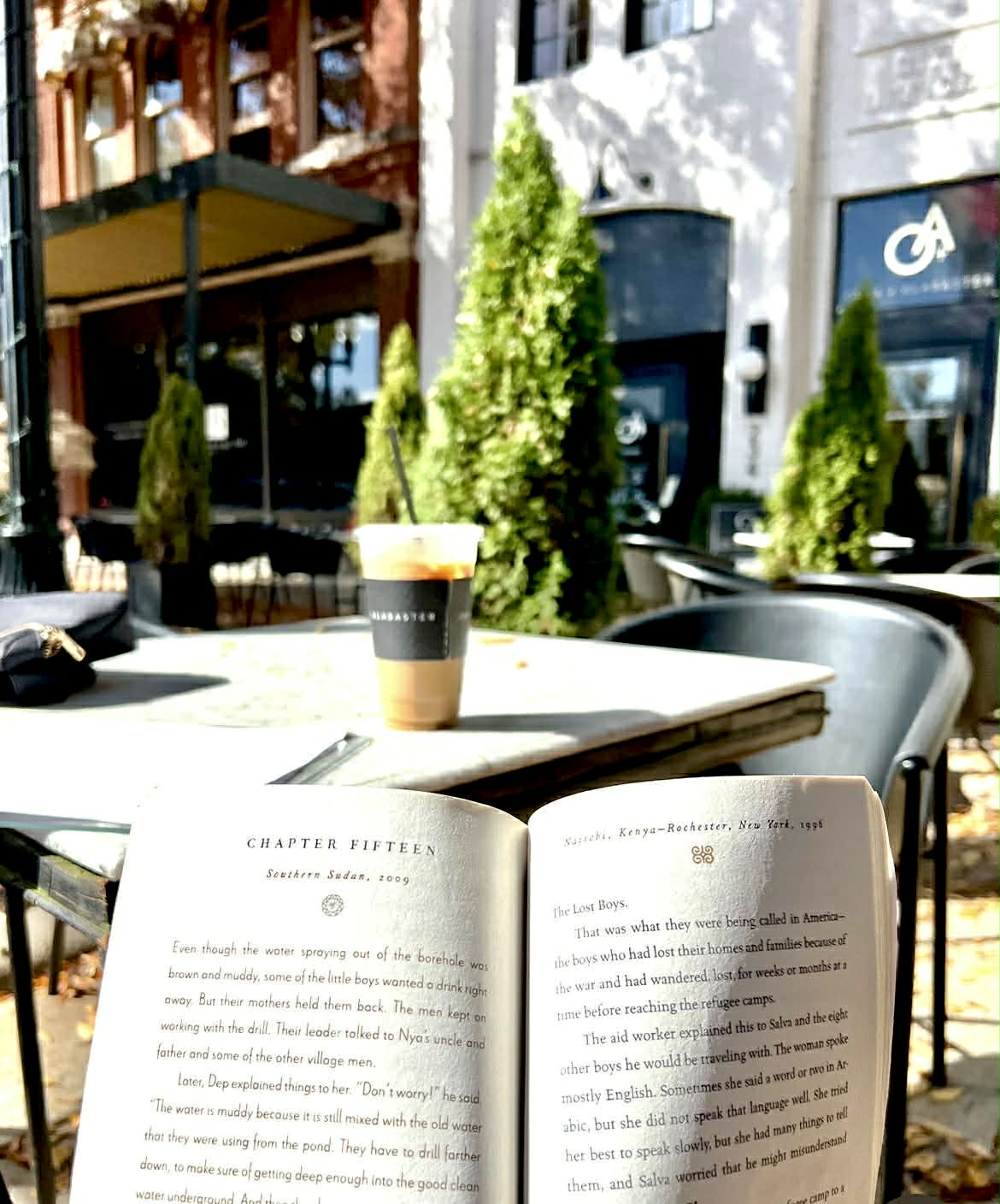 A picture of a book with a coffee behind it and Onyx and Alabaster store in the background.