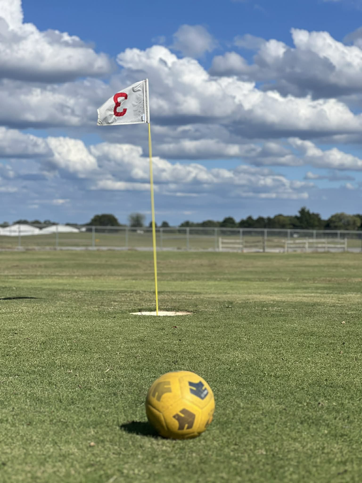 A soccer ball in front of a golf hole with flag.