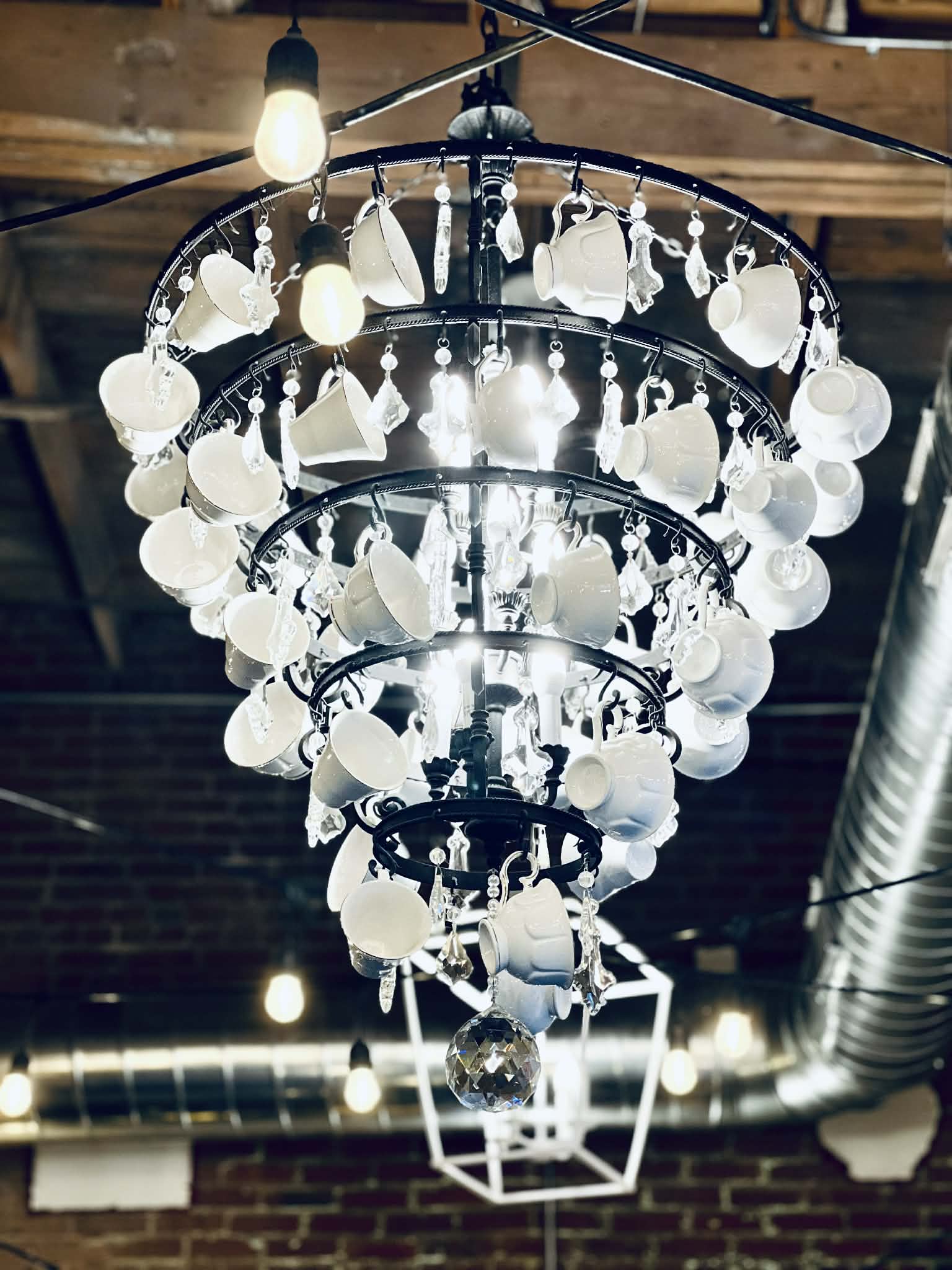 A chandelier of tea cups at the tea room.
