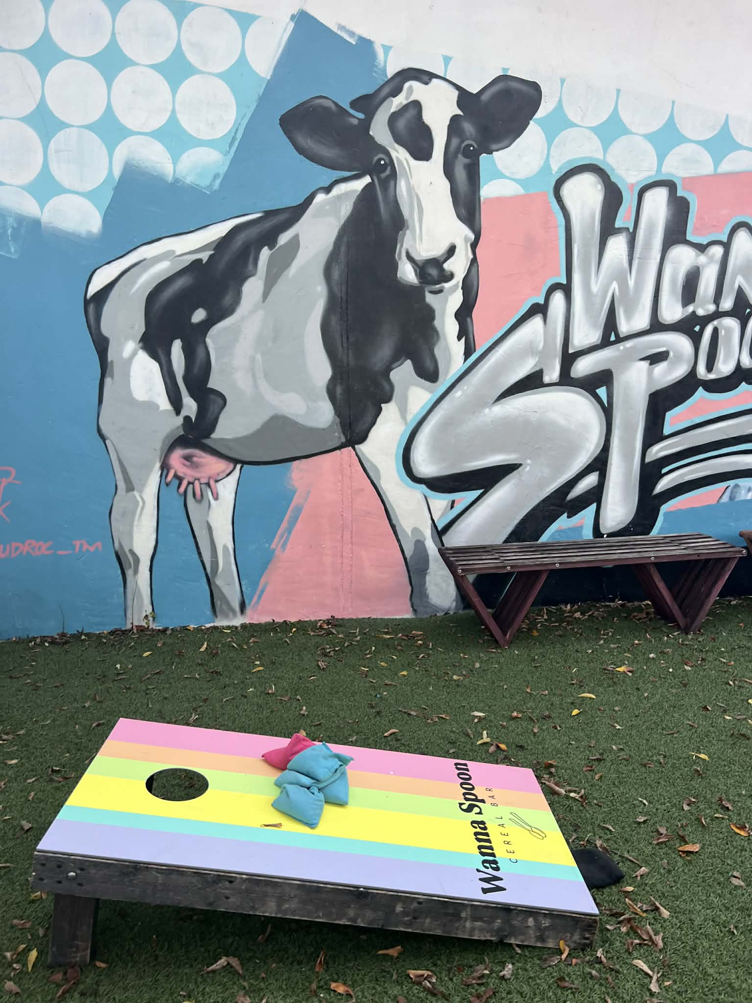 A cornhole board with a painting of a cow behind it.