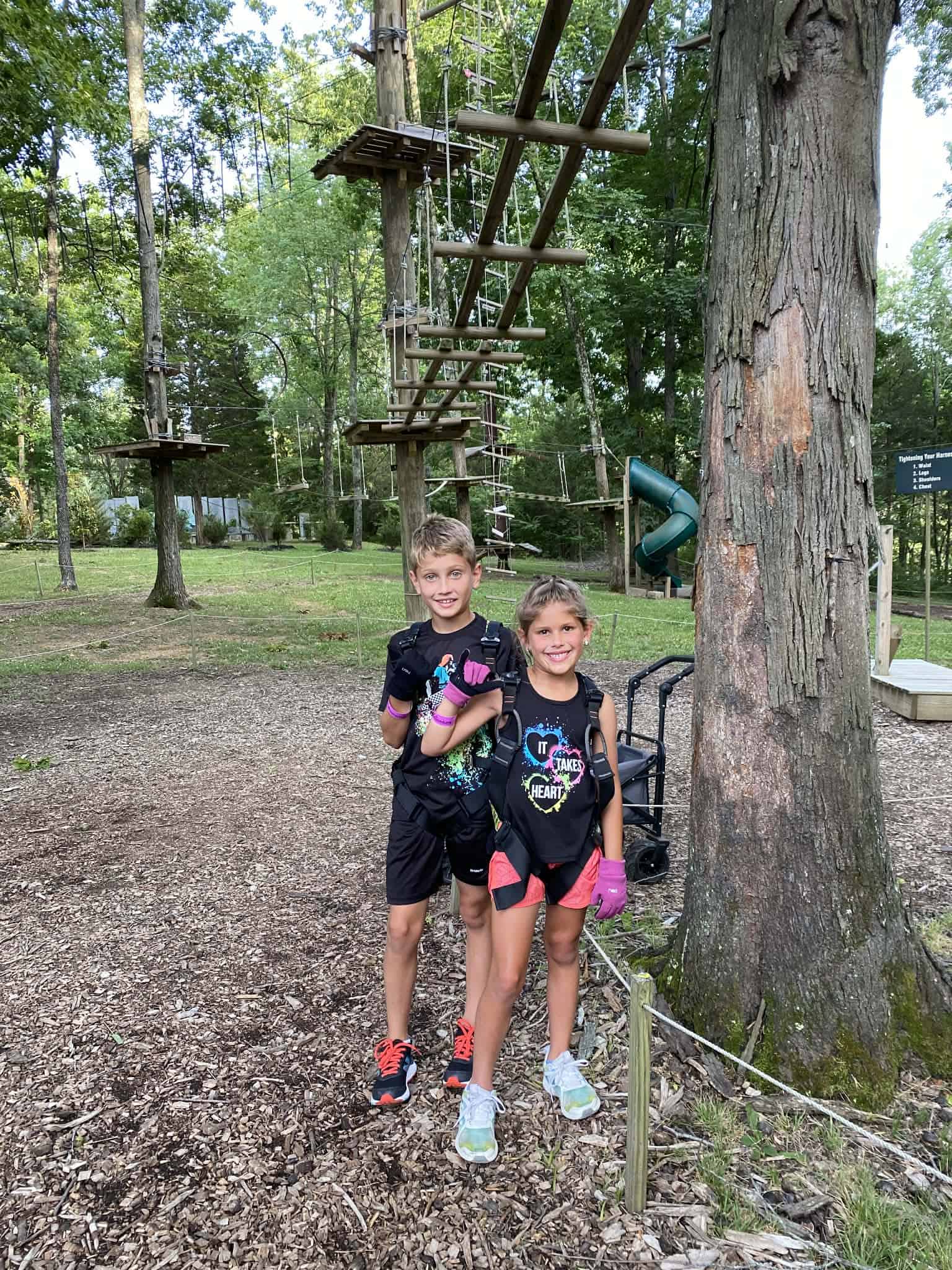 Two kids posing before they climb the trees at The Adventure Park.
