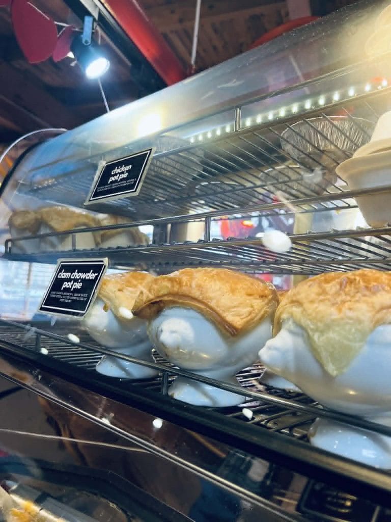 A picture showcasing the clam chowder pot pies in the Granville Public Market in Vancouver.