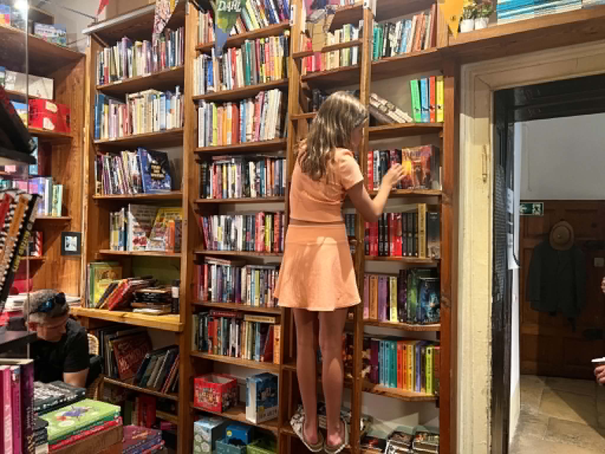 Girl climbing a ladder to reach a book in Shakespeare and Co.