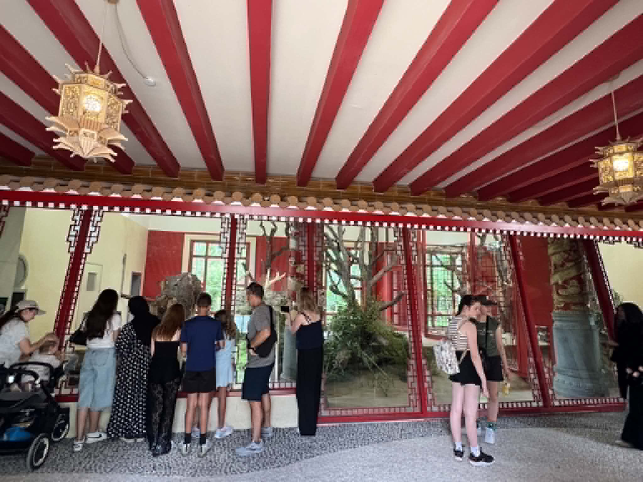Group of people looking into panda exhibit.