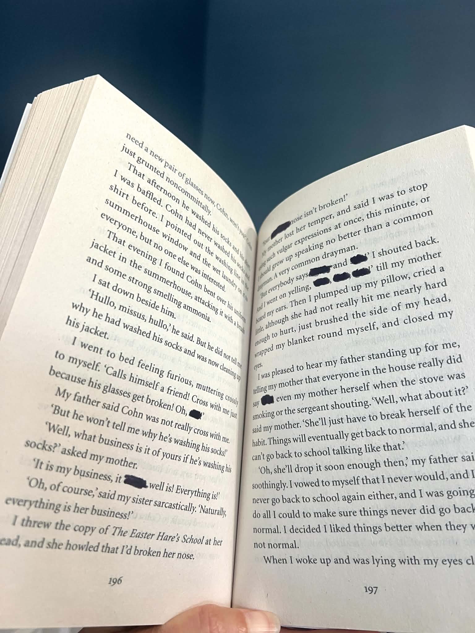 Book with a couple marked out bad words.