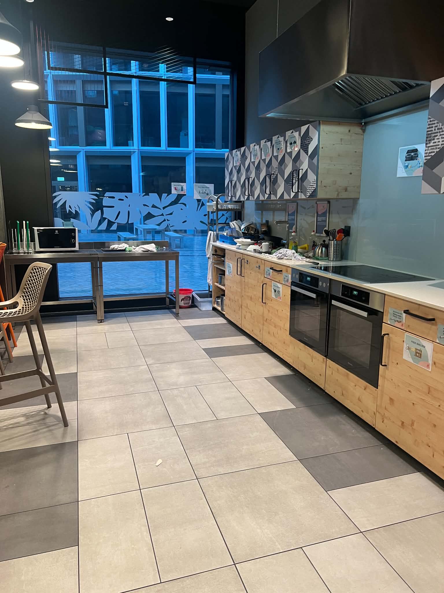 Another view of the kitchen at the Meininger hotel in Zurich.