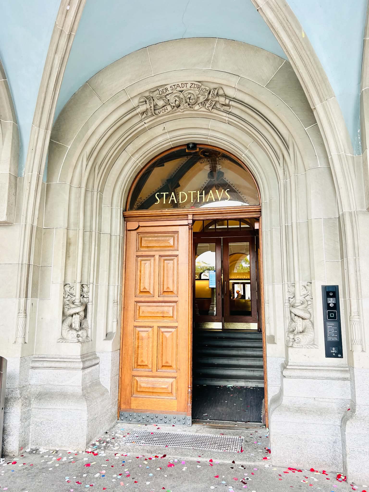 The front entrance of Stadhvas, City Hall in Zurich where your kids can pick up the keys to the archeological windows. 