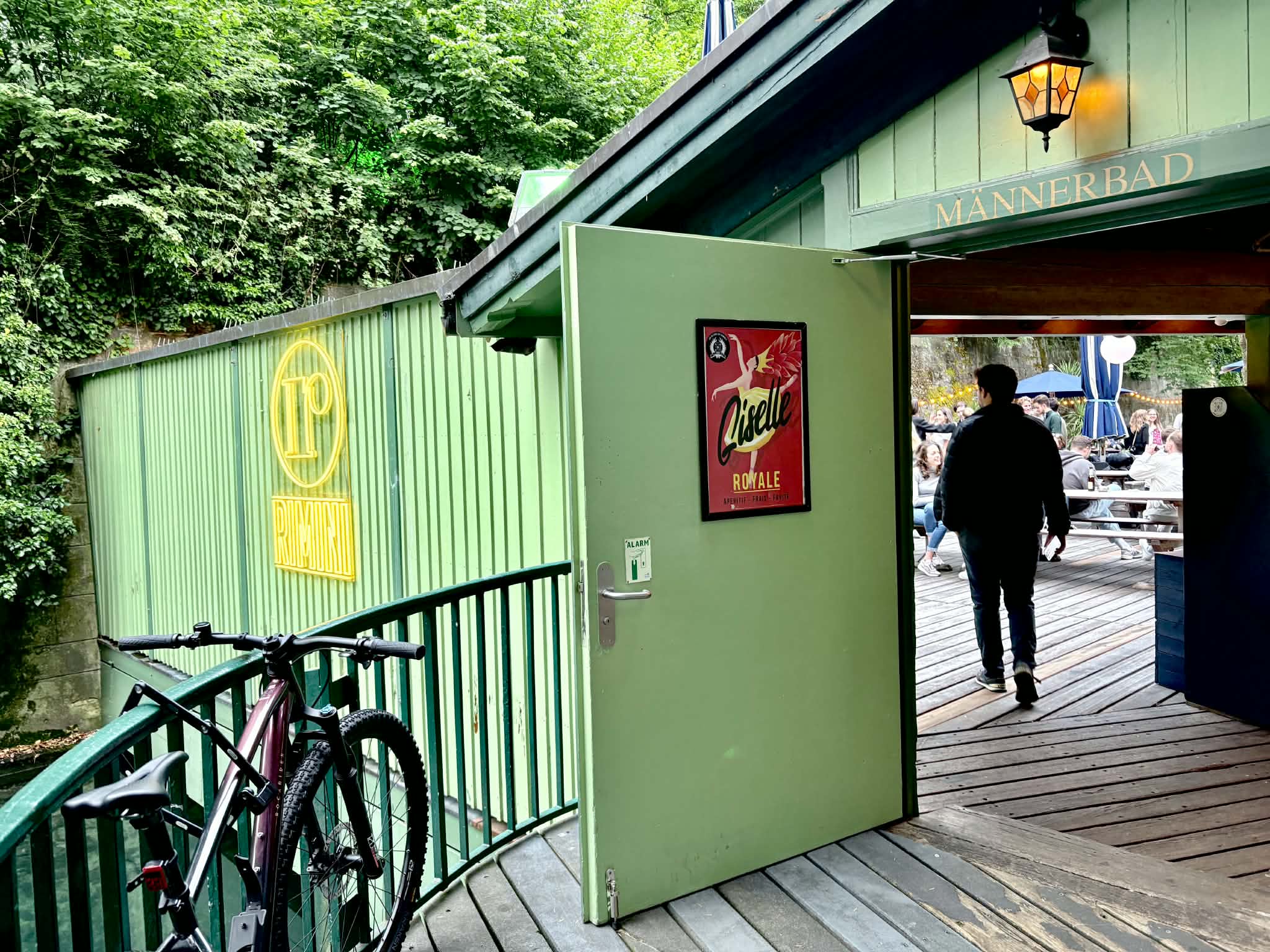 The front entrance of the swimming restaurant, Rimini in Zurich, Switzerland.