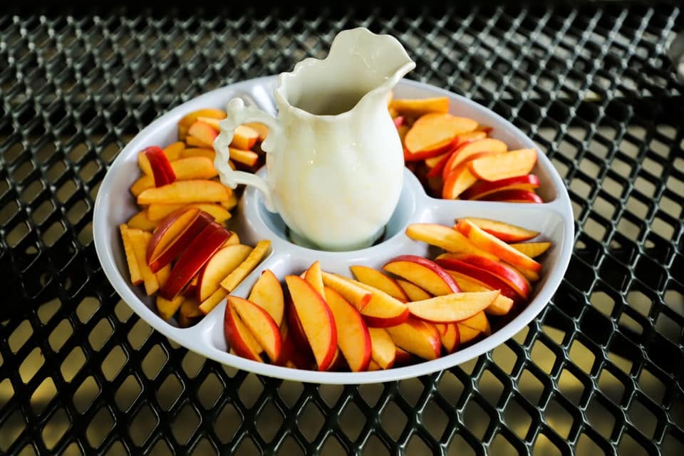 A pretty display of honey and apple slices for Feast of Trumpets.