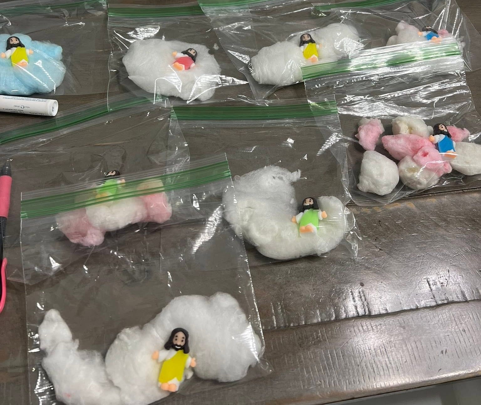 Baggies that have white and blue cotton candy in them with little Jesus figures representing that Rosh Hashanah is all about Jesus' 2nd return!