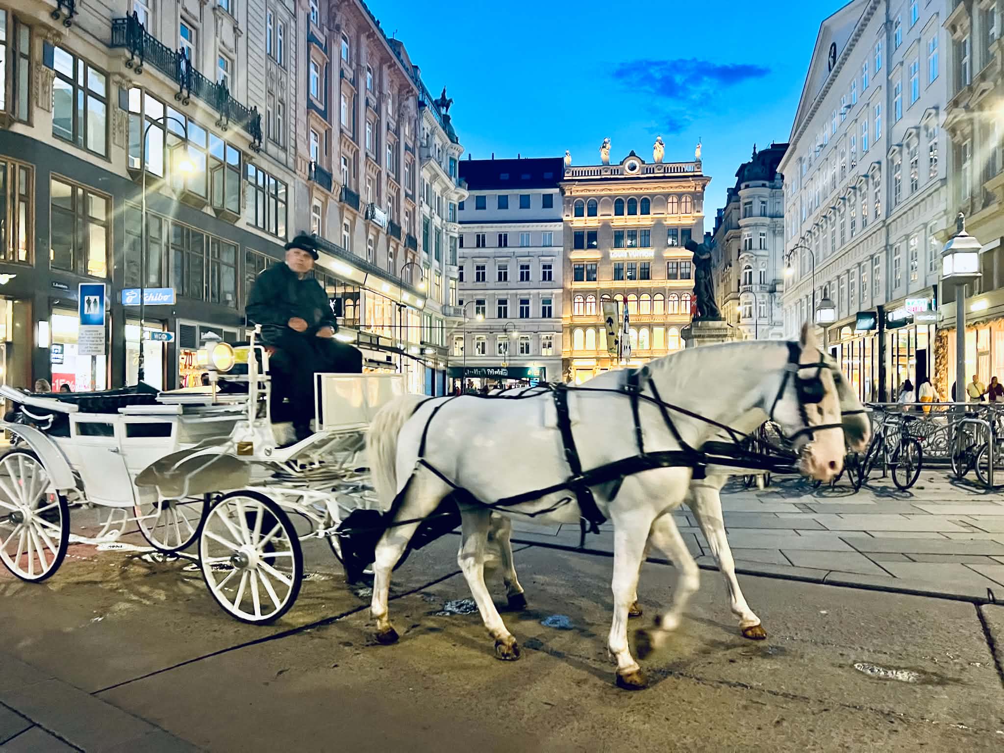 A white buggy with 2 white horses pulling it travels in Vienna's city center at night.